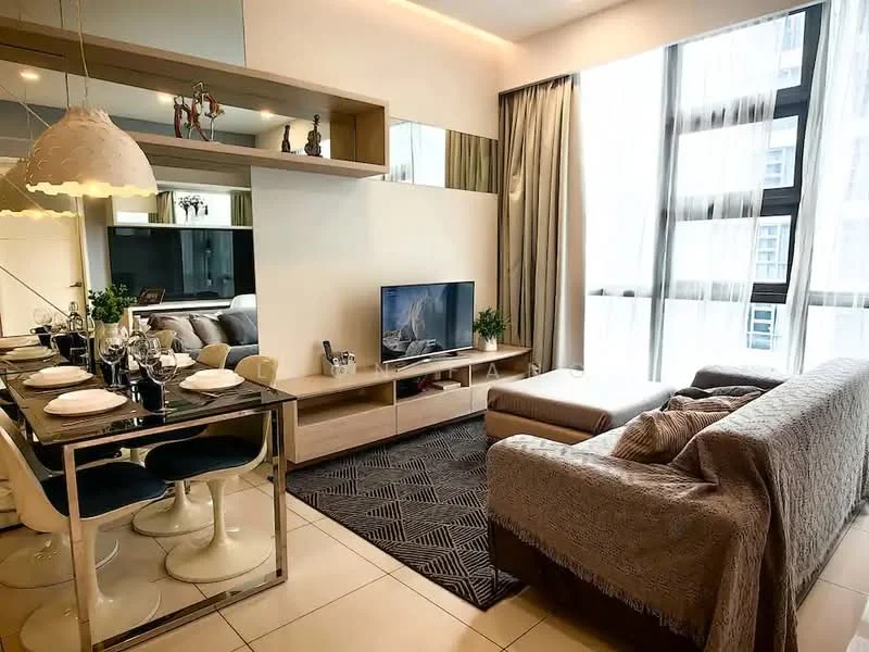 Living features: 3-seater fabric sofa in grey, coffee table, TV console, wall-mounted TV, area rug with geometric pattern, floor-to-ceiling windows, sheer curtains, decorative plants, pendant lamp, dining table with 4 chairs, mirrored wall panel, light-colored walls, tile flooring; style: modern.