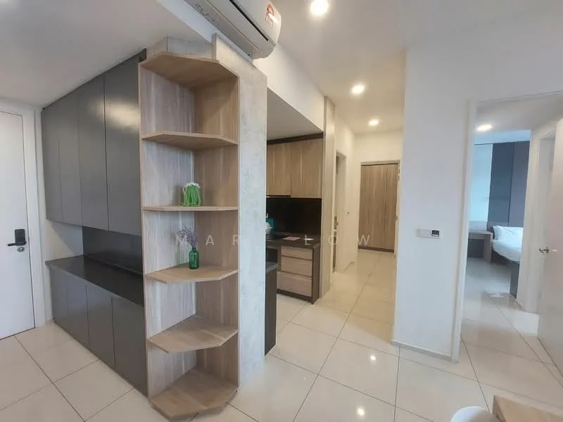 Room features: grey cabinetry, black countertop, open shelving unit, white walls, tile flooring, recessed downlights, air conditioning unit, kitchenette area, doorway leading to another room; style: modern.