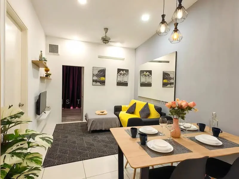 Living features: grey accent wall, white painted walls, recessed downlights, 5-blade ceiling fan, sofa in black fabric, yellow accent cushions, coffee table, area rug with geometric pattern, wall-mounted TV, decorative mirror, framed artwork, potted plant; style: modern. Dining features: 4-seater dining table, wooden table, black dining chairs, table setting with plates and glasses, vase with flowers; style: modern.