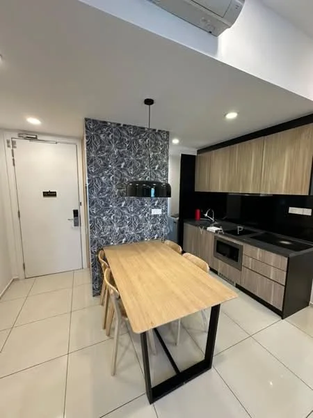 Kitchen features: black cabinetry, wooden cabinetry, marble backsplash, stainless-steel sink, built-in microwave, stove, refrigerator, dining table with wooden top and black legs, 4 dining chairs, white tiled flooring, recessed lighting, air conditioning unit; style: modern.