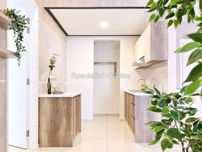Kitchen features: white cabinetry, wooden lower cabinets, marble countertop, single-bowl stainless-steel sink, chrome pull-down faucet, built-in oven, 4-burner gas hob, wall-mounted storage shelves, tile flooring, recessed downlights, open layout, greenery decor; style: modern.