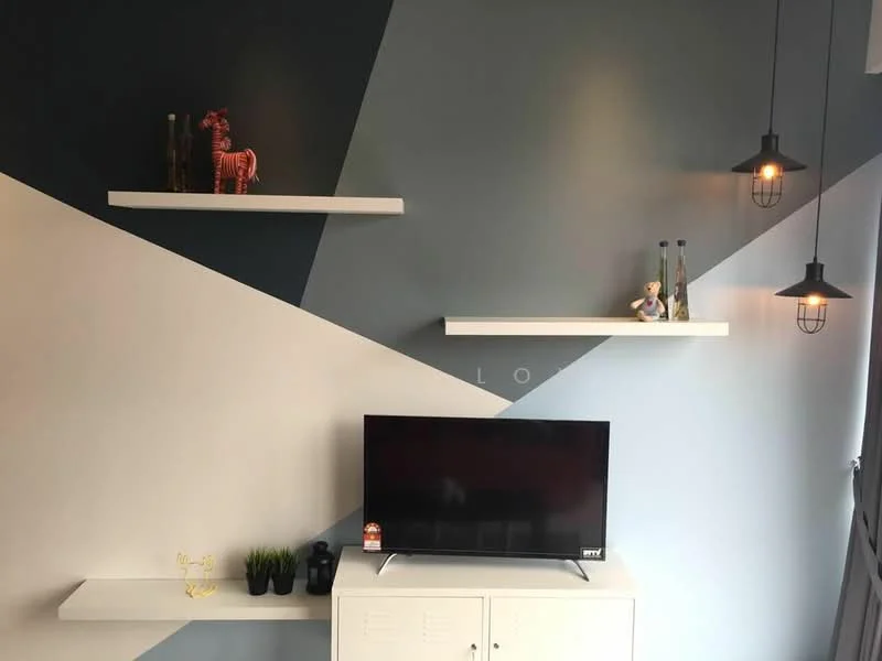 Living features: grey accent wall, white painted wall, shelves with decorative items, wall-mounted TV, LED pendant lights, small potted plants, decorative figurines; style: modern.