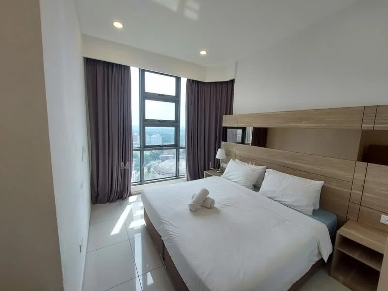 Bedroom features: king-size bed, upholstered headboard, white bedding, two bedside lamps, floor-to-ceiling windows, grey curtains, wooden accent wall, white painted walls, glossy tile flooring, decorative wall mirror; style: modern; view: city.