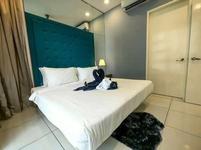 Bedroom features: king-size bed, upholstered headboard in teal, white bedding, two white pillows, nightstand with lamp, wall-mounted air conditioning unit, sliding mirror wardrobe, cream curtains, tile flooring, decorative rug, plain wall with mirror; style: modern.