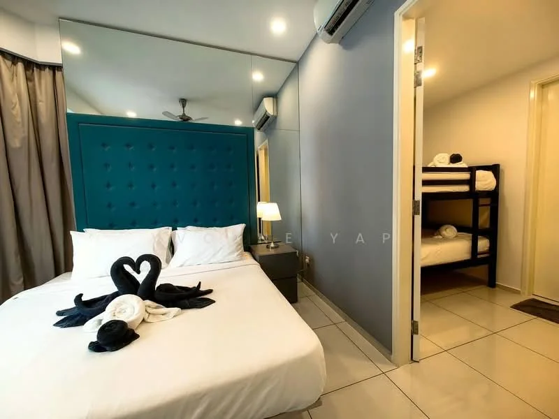 Bedroom features: queen-size bed with upholstered headboard in teal, white bedding, 2 bedside lamps, wall-mounted air conditioning unit, floor-to-ceiling windows with sheer curtains, grey accent wall, white tiled flooring, decorative towel swans on the bed; style: modern. Room features: bunk bed with white bedding, white walls, doorway leading to another room.