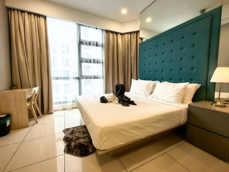 Bedroom features: king-size bed with upholstered headboard, white bedding, 2 bedside tables, table lamp, wooden desk, chair, floor-to-ceiling windows, sheer curtains, grey accent wall, tile flooring, decorative rug; style: modern; view: city.