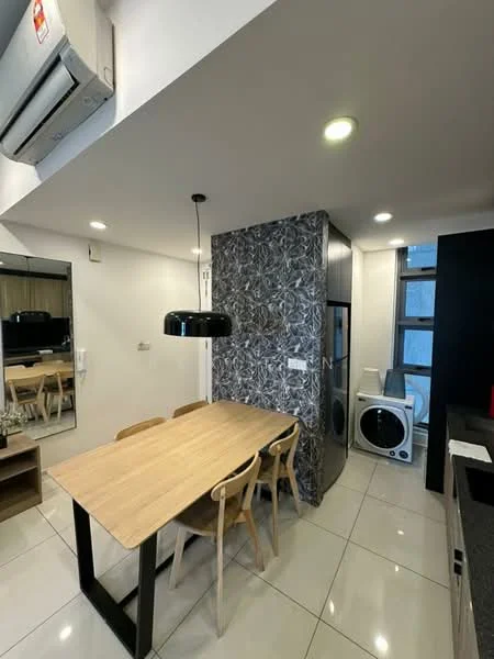 Dining features: dining table with wooden top, 4 wooden dining chairs, pendant light fixture in black, mirror on wall, grey patterned feature wall, white walls, tile flooring, wall-mounted air conditioning unit, built-in cabinetry, laundry machine visible; style: modern.