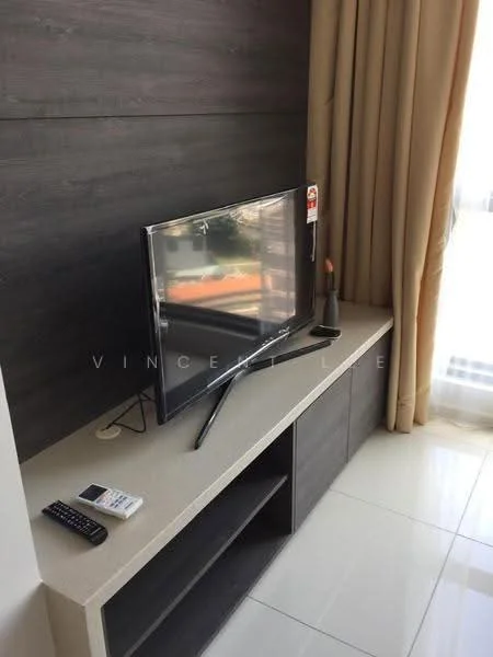Living features: flat-screen TV on console, light-colored stone console, dark wood console, remote control on console, decorative candle on console, curtains in beige, glossy tile flooring, natural light from window; style: modern.