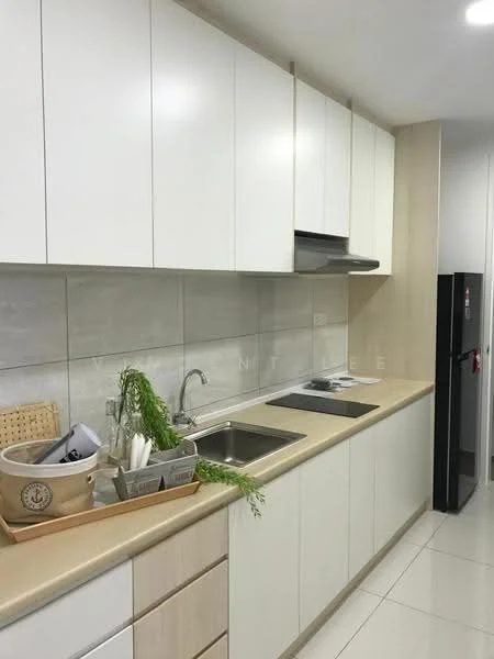Kitchen features: white shaker cabinets, light wood cabinetry, stainless-steel single-bowl sink, chrome pull-down faucet, granite countertop, ceramic tile backsplash, built-in oven, freestanding fridge, recessed downlights, white walls, tile flooring; style: modern.