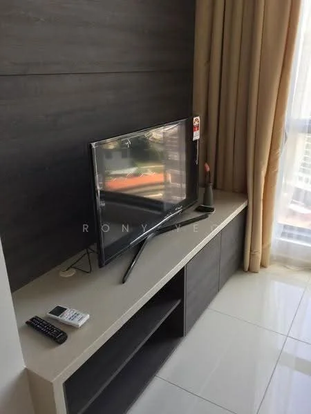 Living features: flat-screen TV on console, light-colored stone countertop, dark wood TV console, remote control on countertop, curtains in light fabric, floor-to-ceiling window, glossy tile flooring, decorative item on console; style: modern.