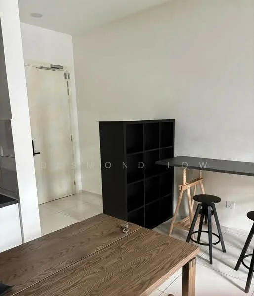 Room features: white painted walls, tile flooring, wooden dining table, black shelving unit, black bar stools, kitchen counter, door to another room, light switch, minimalist decor; style: modern.