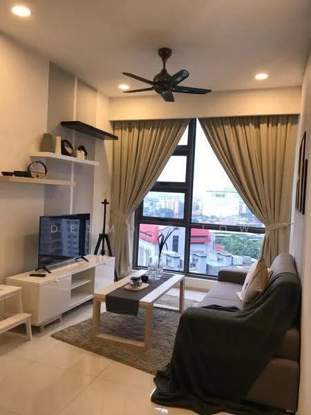 Living features: 3-seater fabric sofa in beige, coffee table, TV console, wall-mounted TV, area rug, 5-blade ceiling fan with light, floor-to-ceiling windows, sheer curtains, decorative wall shelf, wall clock, light-colored walls, tile flooring; style: modern; view: city.