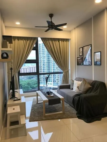 Living features: 3-seater fabric sofa in grey, coffee table, area rug with geometric pattern, wall-mounted TV, floor-to-ceiling windows, sheer curtains, ceiling fan with light, decorative wall art, light-colored walls, polished tile flooring; style: modern; view: city.