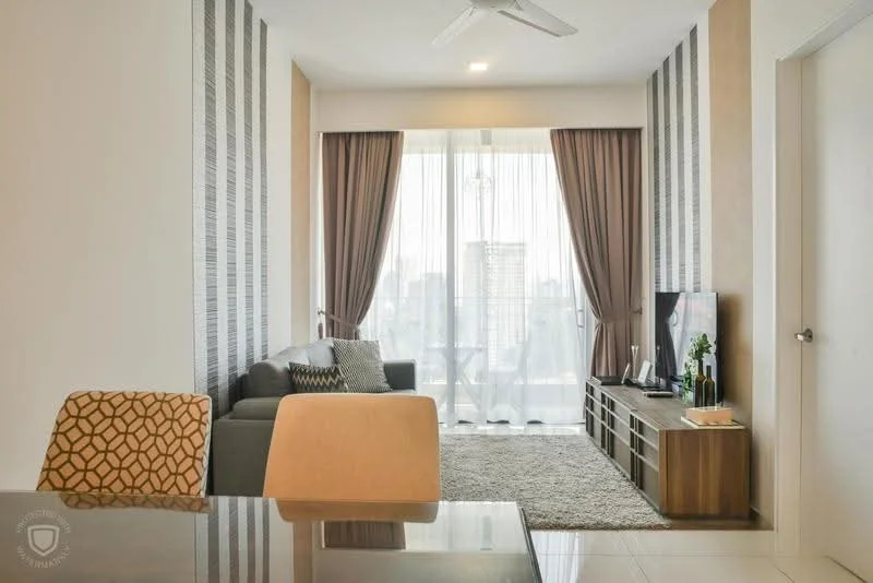 Living features: 3-seater fabric sofa in grey, accent chair with geometric pattern, coffee table, TV console, wall-mounted TV, area rug, floor-to-ceiling windows, sheer curtains, recessed downlights, ceiling fan, decorative plant, wooden flooring, wall with vertical stripes, neutral wall color; style: modern; view: city.