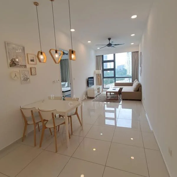 Living features: white painted walls, glossy tile flooring, 5-blade ceiling fan with light, floor-to-ceiling windows, beige fabric sofa, wooden coffee table, TV console, decorative wall art, dining table with 4 chairs, hanging pendant lights; style: modern; view: city.