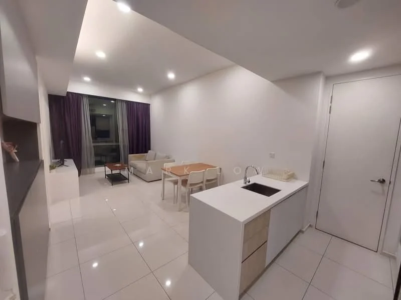 Living features: white painted walls, glossy white tile flooring, recessed downlights, floor-to-ceiling windows, purple curtains, sofa in light grey fabric, dining table with four chairs, kitchen island with sink, built-in cabinetry, television on console; style: modern.