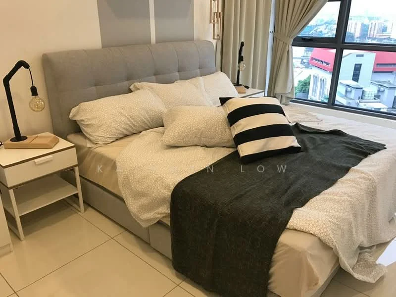 Bedroom features: king-size bed, upholstered headboard, white bedding with patterned pillows, black and white striped throw pillow, bedside table with lamp, floor-to-ceiling window, curtains, light-colored walls, tile flooring; style: modern; view: city.