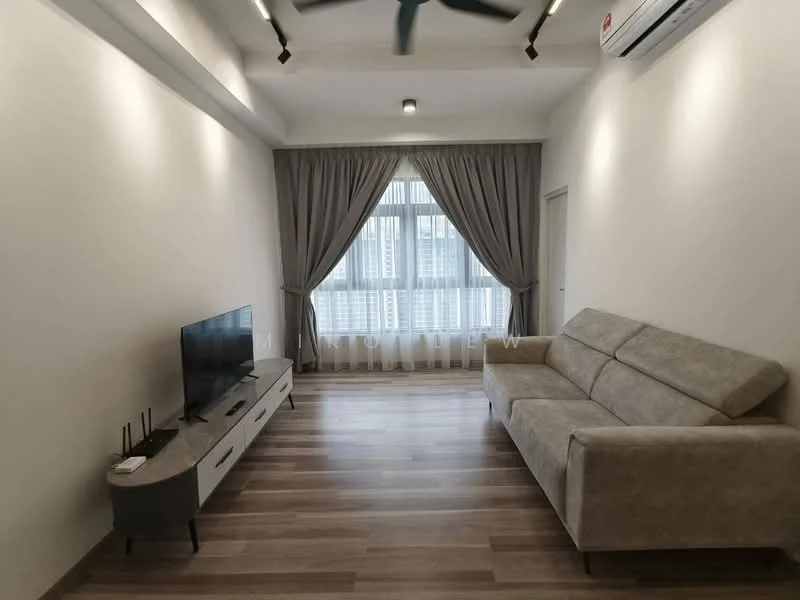 Living features: 3-seater fabric sofa in light grey, wall-mounted TV, TV console with drawers, floor-to-ceiling windows, sheer curtains, recessed downlights, 5-blade ceiling fan, laminate flooring, air conditioning unit, neutral painted walls; style: modern; view: city.