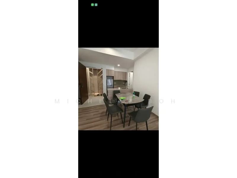 Dining features: 6-seater dining table, black upholstered dining chairs, wooden flooring, white painted walls, recessed downlights, open layout to kitchen, kitchen cabinetry visible in background, sliding door to kitchen; style: modern.