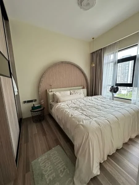 Bedroom features: king-size bed with upholstered headboard, cream bedding, wooden flooring, floor-to-ceiling window, sheer curtains, built-in wardrobe with mirrored doors, decorative wall paneling, desk lamp, area rug with text, basket for storage; style: modern; view: city.