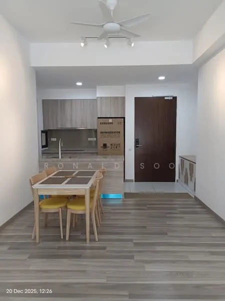 Dining features: 4-seater dining table, light wood dining chairs, light wood cabinetry, stainless-steel fridge, built-in oven, ceramic cooktop, grey laminate countertop, white walls, recessed downlights, 5-blade ceiling fan, wood-look vinyl flooring; style: modern.