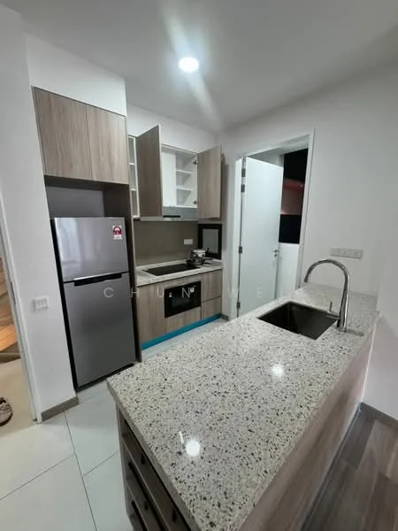 Kitchen features: granite countertop, single-bowl stainless-steel sink, chrome pull-down faucet, wood cabinetry, built-in microwave, stainless-steel fridge, ceramic tile flooring, recessed downlights, open shelving, grey cabinetry, white walls; style: modern.