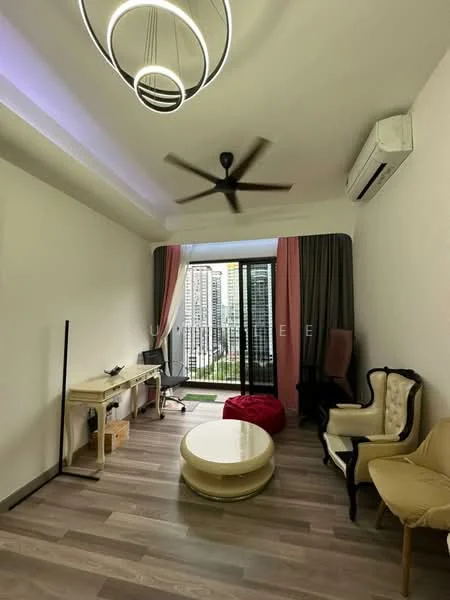 Living features: 5-blade ceiling fan with light, recessed LED downlights, floor-to-ceiling windows, sliding glass door, curtains in grey and pink, light wood flooring, round coffee table, red pouf, cream upholstered armchair, black wooden chair, study desk, air conditioning unit; style: modern; view: city.
