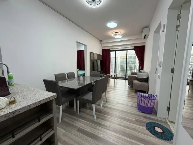 Living features: laminate flooring, white painted walls, recessed downlights, floor-to-ceiling windows, red curtains, dining table with 6 grey upholstered chairs, sofa in beige fabric, coffee table, decorative rug, TV console, wall-mounted TV, open layout to kitchen; style: modern; view: city. Kitchen features: granite countertop, stainless-steel sink, built-in cabinets, kitchen island, recessed lighting; style: modern.