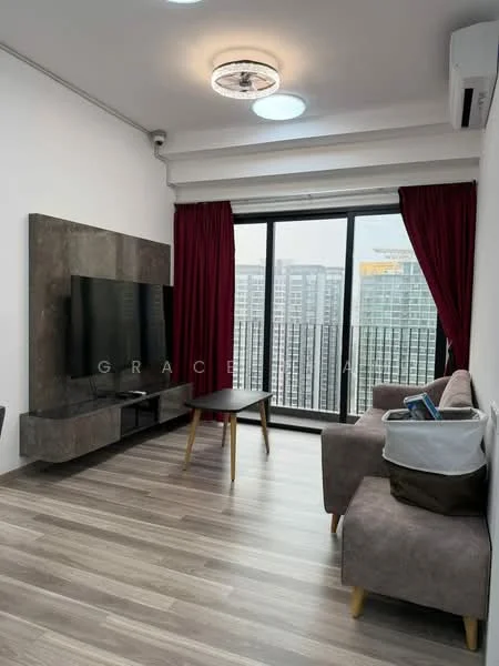 Living features: grey fabric 2-seater sofa, wooden coffee table, wall-mounted flat-screen TV, textured feature wall, floor-to-ceiling windows, red curtains, laminate flooring, ceiling light fixture, wall-mounted air conditioning unit; style: modern; view: city.
