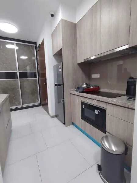 Kitchen features: light wood cabinetry, granite countertop, single-bowl stainless-steel sink, chrome pull-down faucet, built-in microwave, stainless-steel fridge, ceramic tile flooring, recessed downlights, grey backsplash, kitchen appliances on countertop, trash bin, sliding glass door to bathroom, wall-mounted cabinet; style: modern.