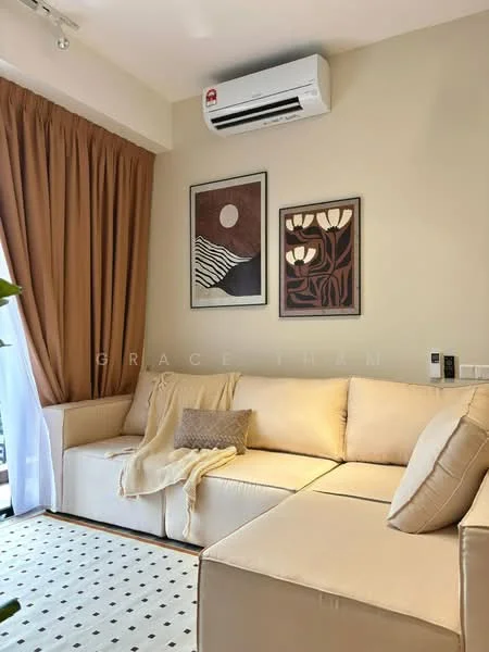 Living features: L-shape sectional sofa in beige, decorative throw blanket, decorative cushion, wall-mounted split AC, framed artwork with abstract design, framed artwork with floral design, cream painted walls, floor-to-ceiling curtains in brown, black and white patterned flooring; style: modern.