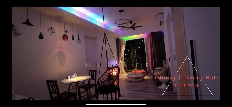 Living features: wooden flooring, recessed LED downlights, 5-blade ceiling fan, hanging pendant lights, decorative wall art, hanging chair, sofa, coffee table, floor-to-ceiling windows, city view, LED strip lighting, dining table with chairs; style: modern; view: city.