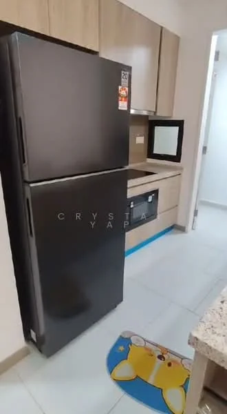 Kitchen features: black refrigerator, built-in microwave, light wood cabinetry, granite countertop, tile flooring, kitchen mat with cartoon design, wall-mounted cabinet, open space layout; style: modern.