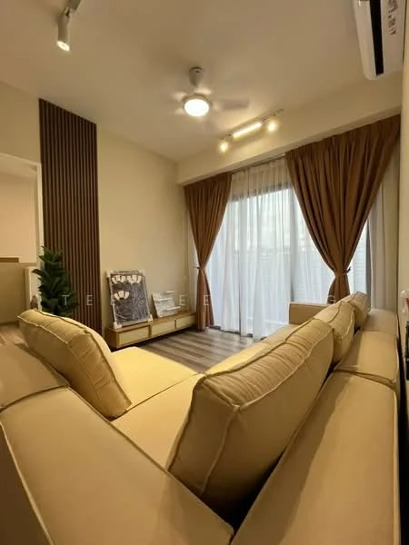 Living features: 3-seater fabric sofa in beige, ceiling fan with light, floor-to-ceiling windows, sheer curtains, wooden flooring, decorative plant in ceramic pot, wall-mounted artwork, recessed lighting, accent wall with wood paneling; style: modern.