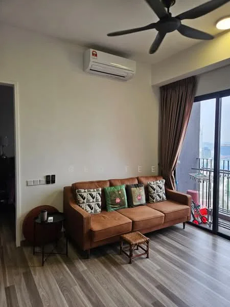Living features: 3-seater fabric sofa in brown, decorative cushions with floral pattern, wooden coffee table, small wooden stool, wall-mounted split AC, floor-to-ceiling windows, curtains, laminate flooring, light ceiling fan, neutral painted walls; style: modern; view: city.