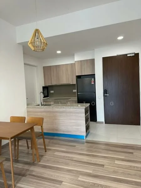 Kitchen features: kitchen island with countertop, stainless-steel fridge, built-in microwave, ceramic tile flooring, wooden cabinetry, pendant light fixture, open shelving, sink, stainless-steel faucet; style: modern. Dining features: 4-seater wooden dining table, wooden dining chairs; style: modern.