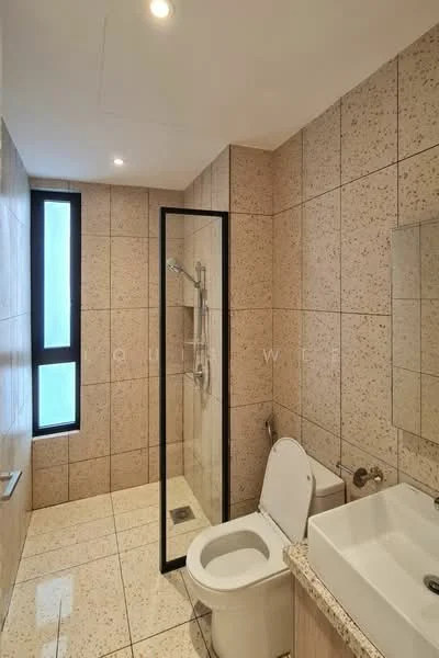 Bathroom features: shower with glass enclosure, rain shower head, handheld shower, single-sink vanity with granite countertop, chrome basin mixer, one-piece toilet, wall-mounted mirror, cream tiled walls, polished ceramic tile flooring, recessed downlights, window for natural light; style: modern.