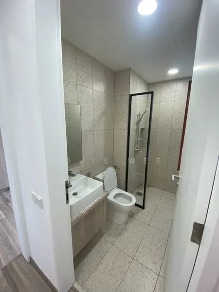 Bathroom features: single-sink vanity with wood cabinet, chrome basin mixer, framed mirror, one-piece toilet, walk-in shower with glass enclosure, tile cladding, recessed downlights, light-colored stone flooring; style: modern.