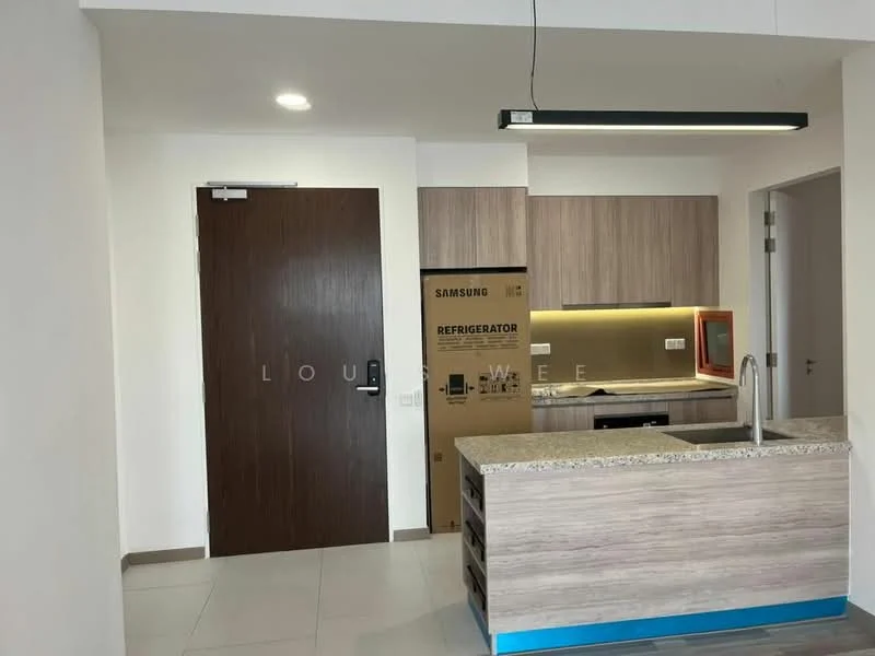 Kitchen features: granite countertop, wood cabinetry, built-in oven, stainless-steel sink, chrome pull-down faucet, refrigerator, under-cabinet lighting, tile flooring, wall-mounted light fixture; style: modern.