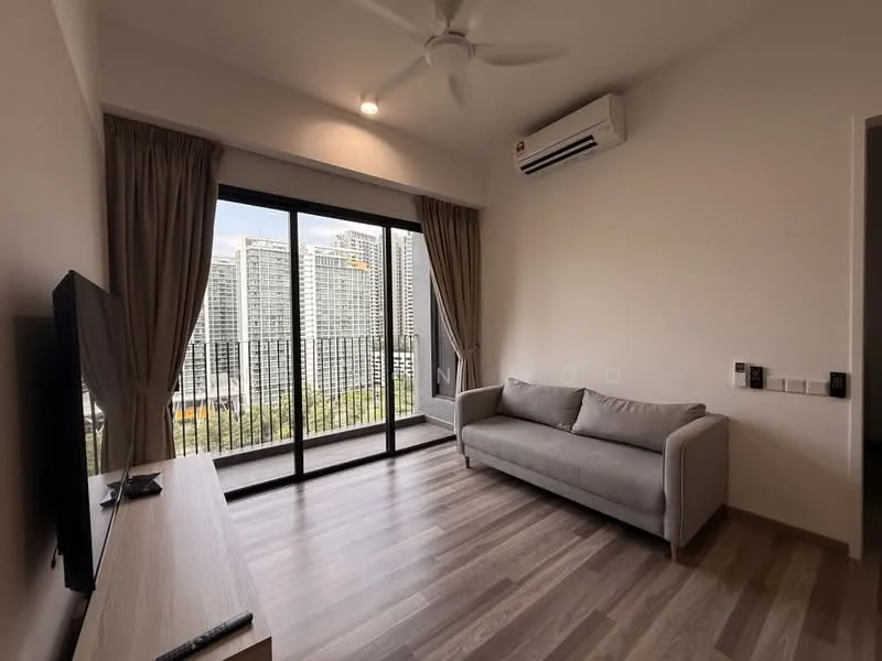 Living features: floor-to-ceiling windows, grey fabric sofa, wall-mounted TV, wooden TV console, recessed downlights, 5-blade ceiling fan, curtains, wood laminate flooring, air conditioning unit; style: modern; view: city.