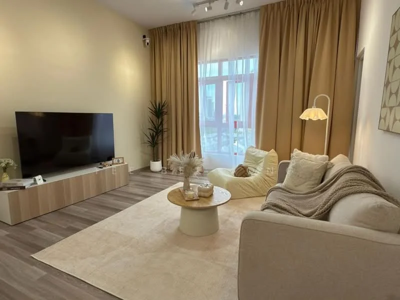Living features: beige fabric sofa, light grey fabric armchair, round wooden coffee table, area rug, TV console with wooden finish, wall-mounted flat-screen TV, floor lamp, large windows with sheer curtains, curtains in light beige, indoor plant, decorative wall art; style: modern; view: city.