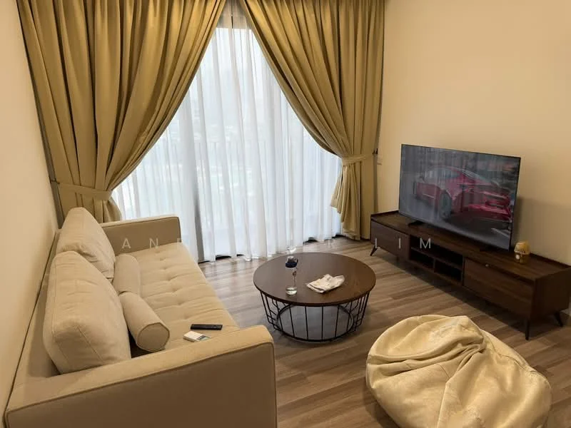 Living features: 3-seater fabric sofa in beige, round coffee table with metal base, wall-mounted TV, TV console in wood, floor-to-ceiling windows, sheer curtains, wooden flooring, decorative throw blanket, bean bag chair, glass of wine on table; style: modern; view: city.