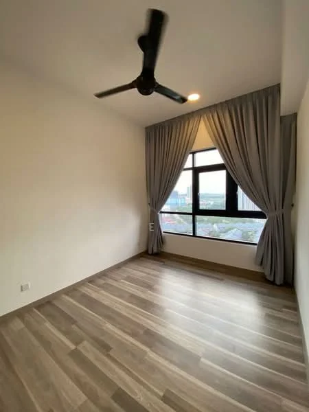 Bedroom features: wooden flooring, white painted walls, 5-blade ceiling fan, floor-to-ceiling windows, grey curtains, city view; style: modern; view: city.