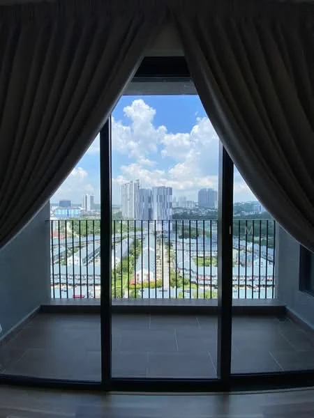 Room features: floor-to-ceiling windows, curtains, sliding glass door, grey tiled flooring, city skyline view; style: modern; view: city.