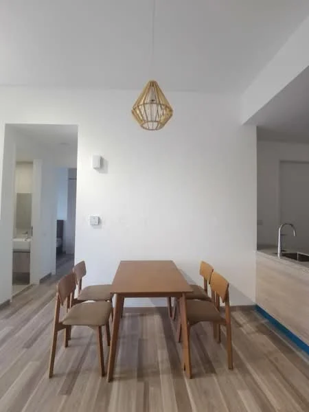 Dining features: wooden dining table, 4 wooden dining chairs, pendant light fixture, white painted walls, laminate flooring, open layout to kitchen, neutral color scheme; style: modern. Room features: doorway leading to another room, light-colored walls, laminate flooring.