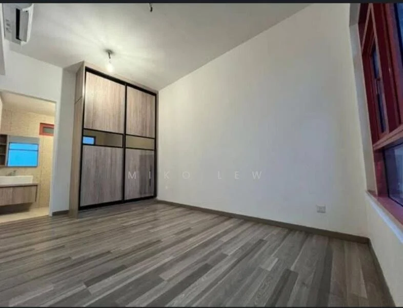 Room features: laminate flooring, white painted walls, built-in wardrobe with sliding doors, large window with red frame, ceiling light fixture, air conditioning unit on wall; style: modern.