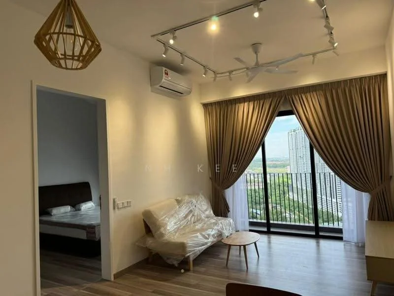 Living features: 5-blade ceiling fan with integrated LED light, wall-mounted split AC, floor-to-ceiling windows, curtains, light wood flooring, sofa with protective covering, coffee table, decorative pendant light, balcony view, neutral painted walls; style: modern; view: city. Bedroom features: queen-size bed, dark wood headboard, bedding visible, neutral painted walls, doorway to living area.