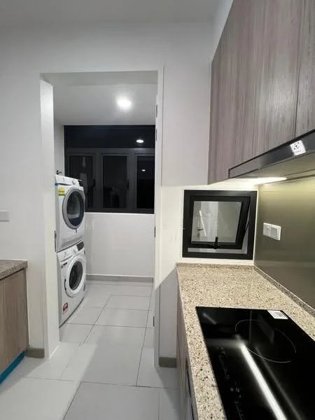 Kitchen features: granite countertop, built-in induction cooktop, wood cabinetry, white walls, tile flooring, recessed downlights, window with black frame, washer and dryer unit, open layout, kitchen island, splashback, ventilation hood; style: modern.