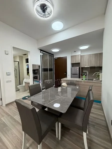 Dining features: 6-seater dining table with marble top, upholstered dining chairs in brown, wooden cabinetry, stainless-steel fridge, built-in oven, microwave, kitchen island, recessed downlights, ceiling fan with integrated light, wooden flooring, white painted walls, open layout to kitchen; style: modern. Room features: toilet visible in background, glass shower enclosure visible in background.