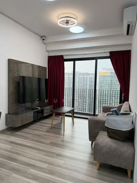 Living features: grey fabric 2-seater sofa, wooden coffee table, wall-mounted flat-screen TV, concrete feature wall, floor-to-ceiling windows, red curtains, laminate flooring, ceiling light fixture, wall-mounted air conditioning unit; style: modern; view: city.